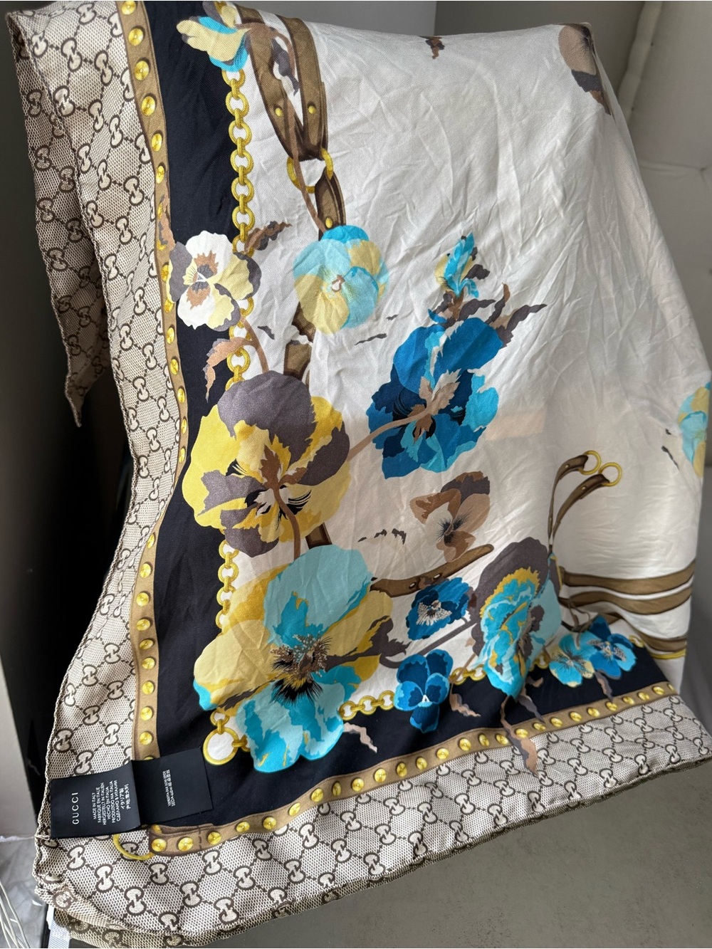 Gucci Blue Turquoise Yellow Floral Silk Scarf with Chain Motif